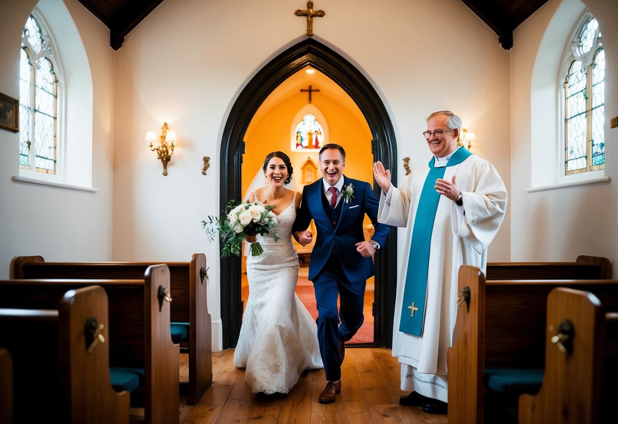 A couple rushing into a small, quaint chapel with a smiling priest ready to officiate their quick wedding ceremony