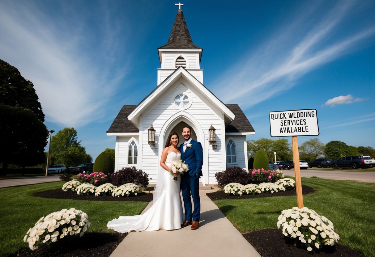A couple standing in front of a small, quaint chapel, surrounded by blooming flowers and a clear blue sky, with a sign indicating "Quick Wedding Services Available."