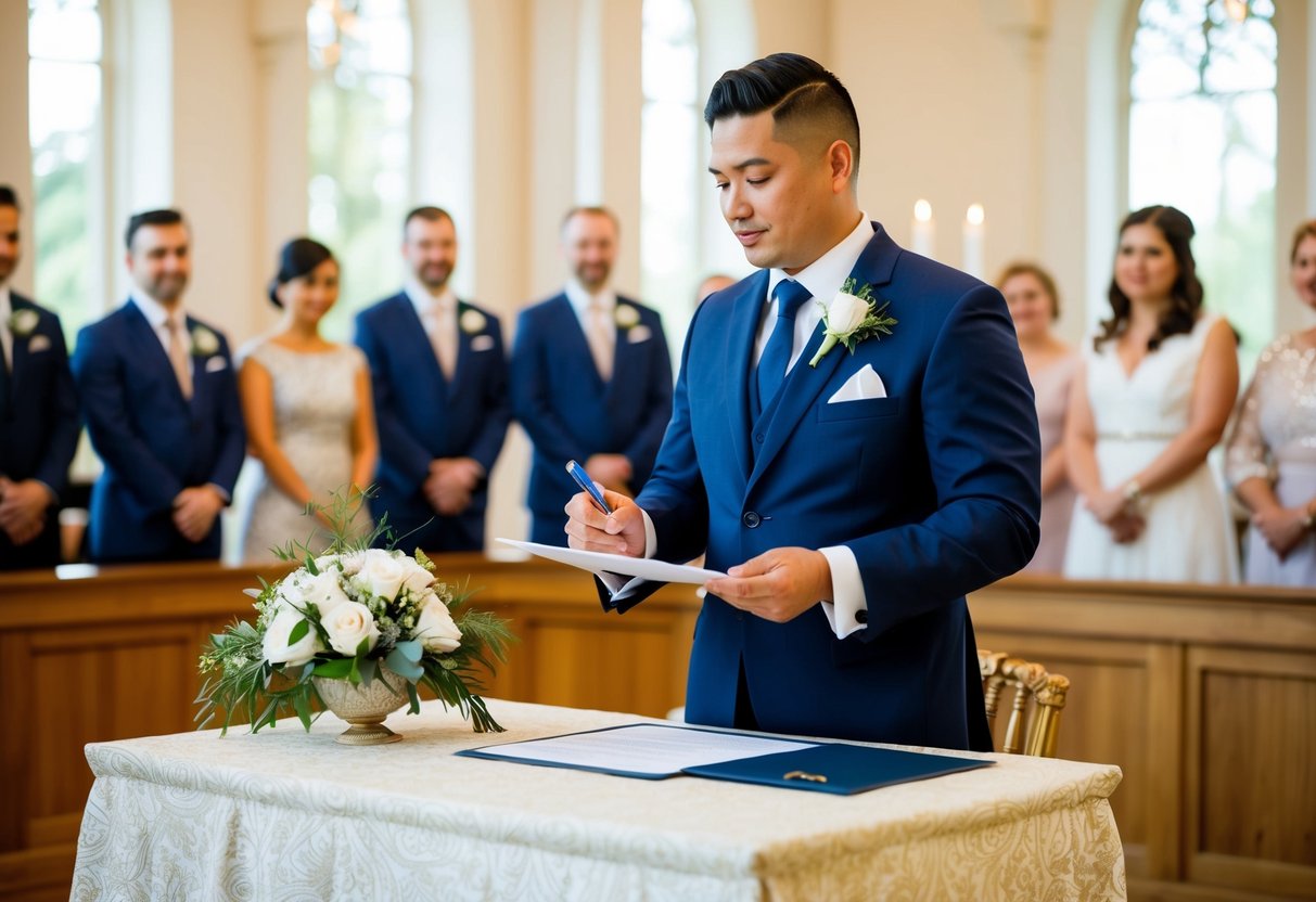 A registrar stands at a decorated table with a pen and marriage certificate, ready to officiate a wedding ceremony