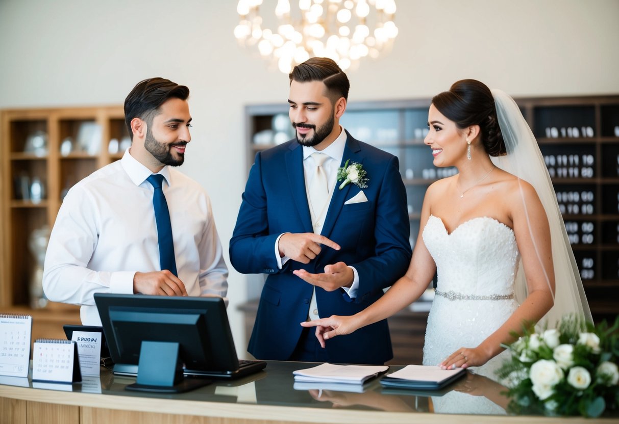 A bride and groom stand at a payment counter, discussing wedding expenses with a clerk. The couple gestures towards a calendar, indicating a payment plan