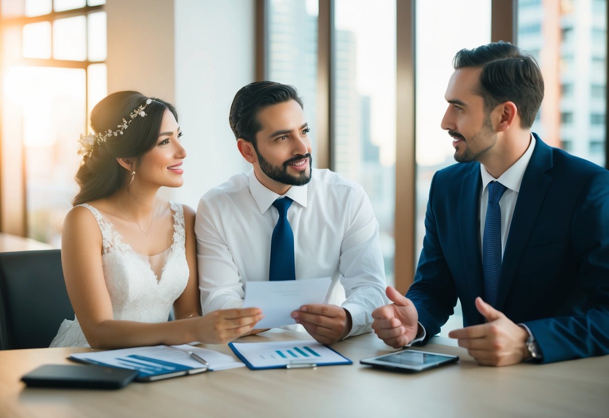 A couple discussing wedding costs and budgeting with a financial advisor