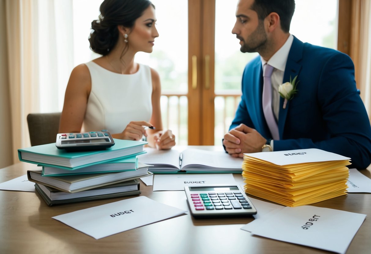 A table with a spread of wedding planning books, a calculator, and a stack of envelopes labeled "budget." A couple sits across from each other, deep in discussion