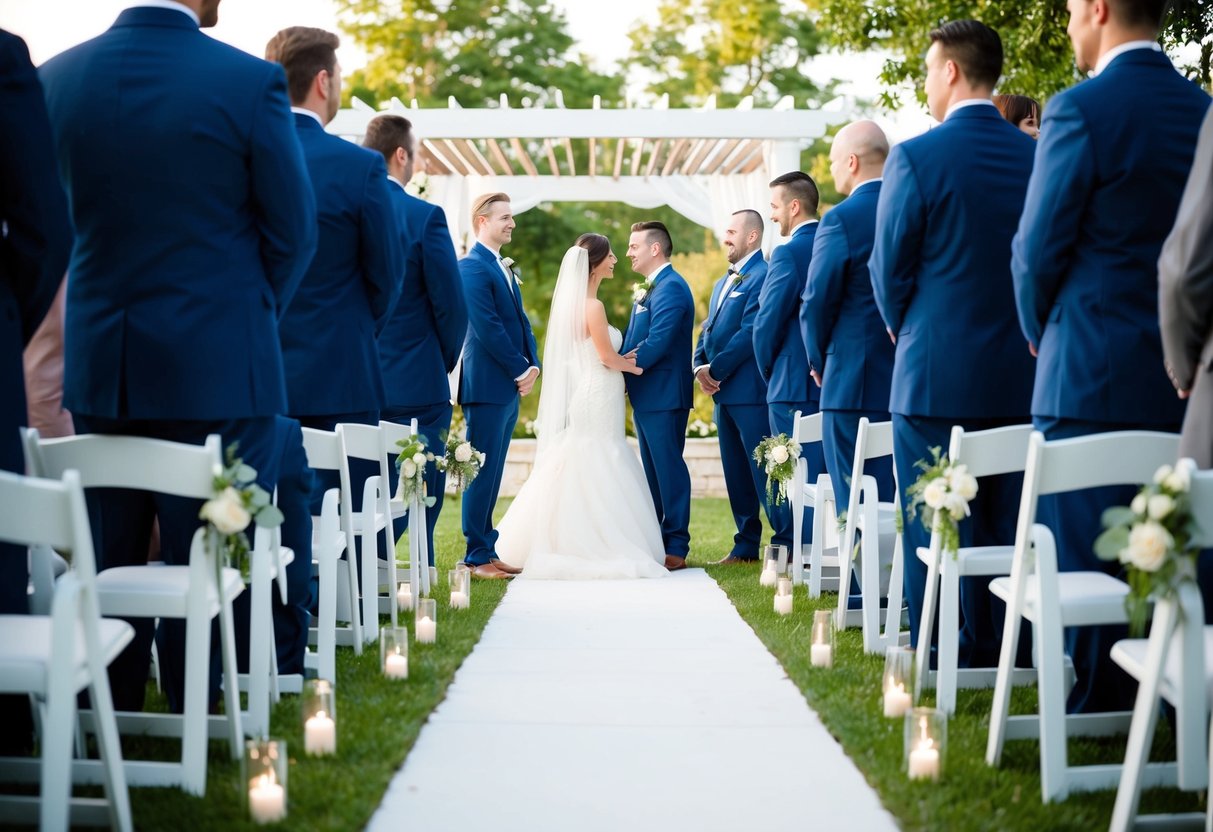 A group of men standing on one side of a wedding aisle, facing the bride and groom