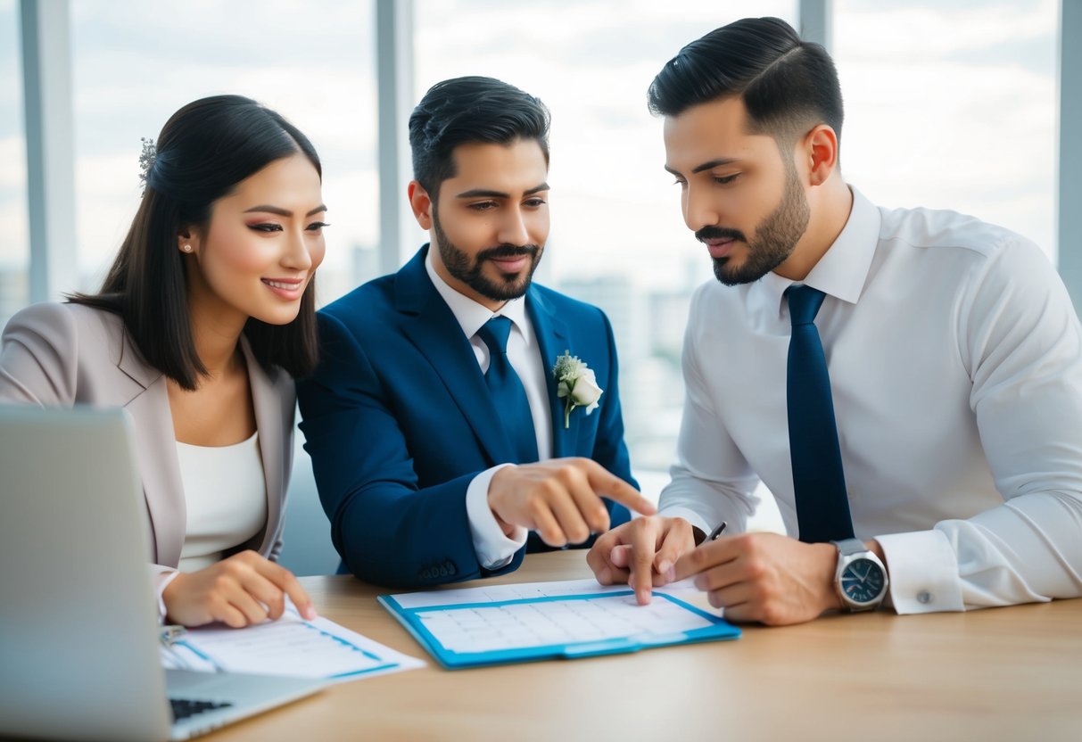A couple discussing wedding payment options with a financial advisor, pointing to a calendar and making notes on a payment plan
