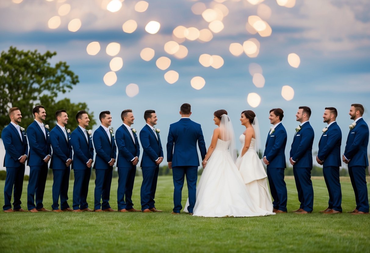 A group of male figures stand on one side, facing a group of female figures on the other side. They are arranged in a wedding party formation
