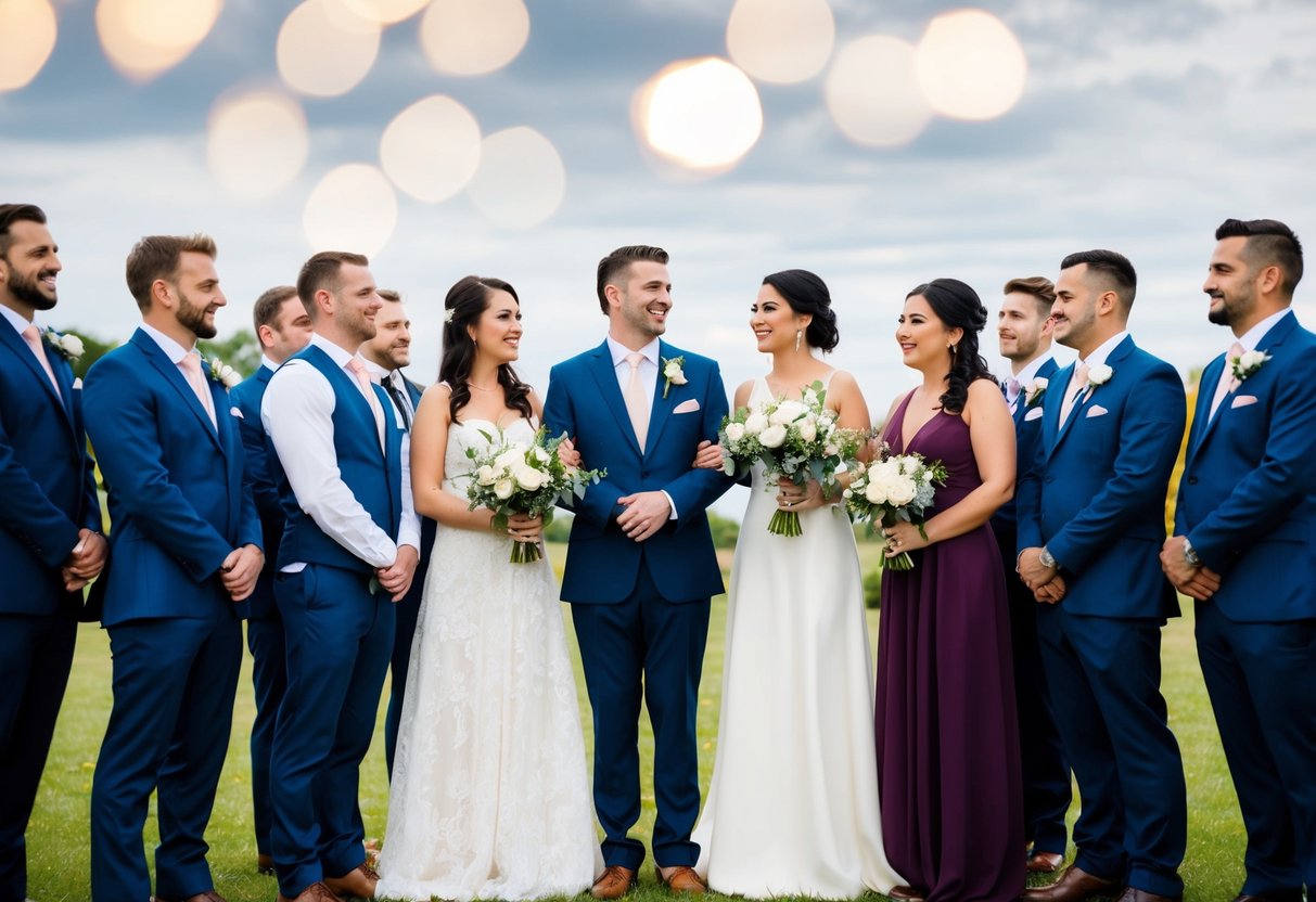 A group of men and women stand on opposite sides, with the bride in the middle. The men are on the groom's side, and the women are on the bride's side