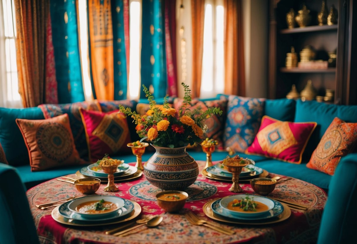 A cozy living room with traditional Indian decor, adorned with colorful textiles and intricate patterns. A table set for a small family dinner, with aromatic dishes and decorative centerpieces