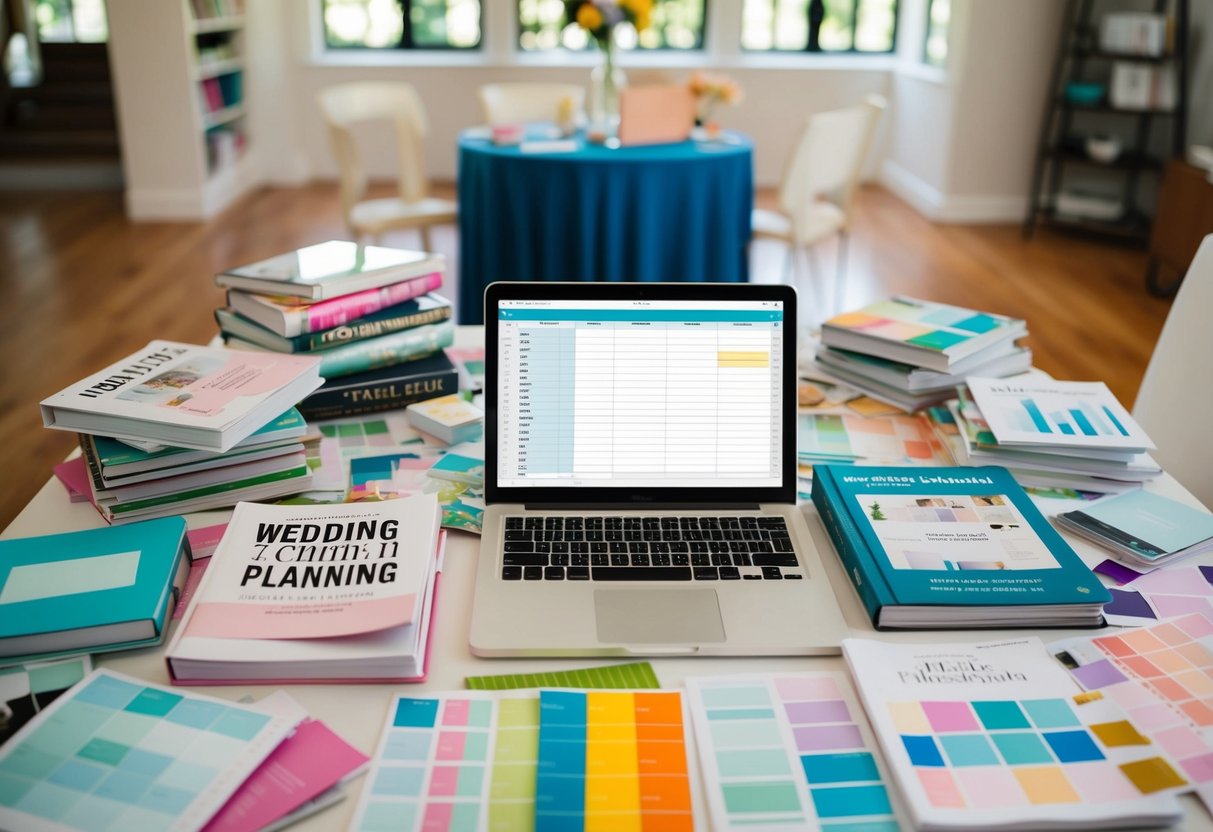 A table covered in wedding planning books, magazines, and a laptop with a spreadsheet open, surrounded by colorful swatches and samples