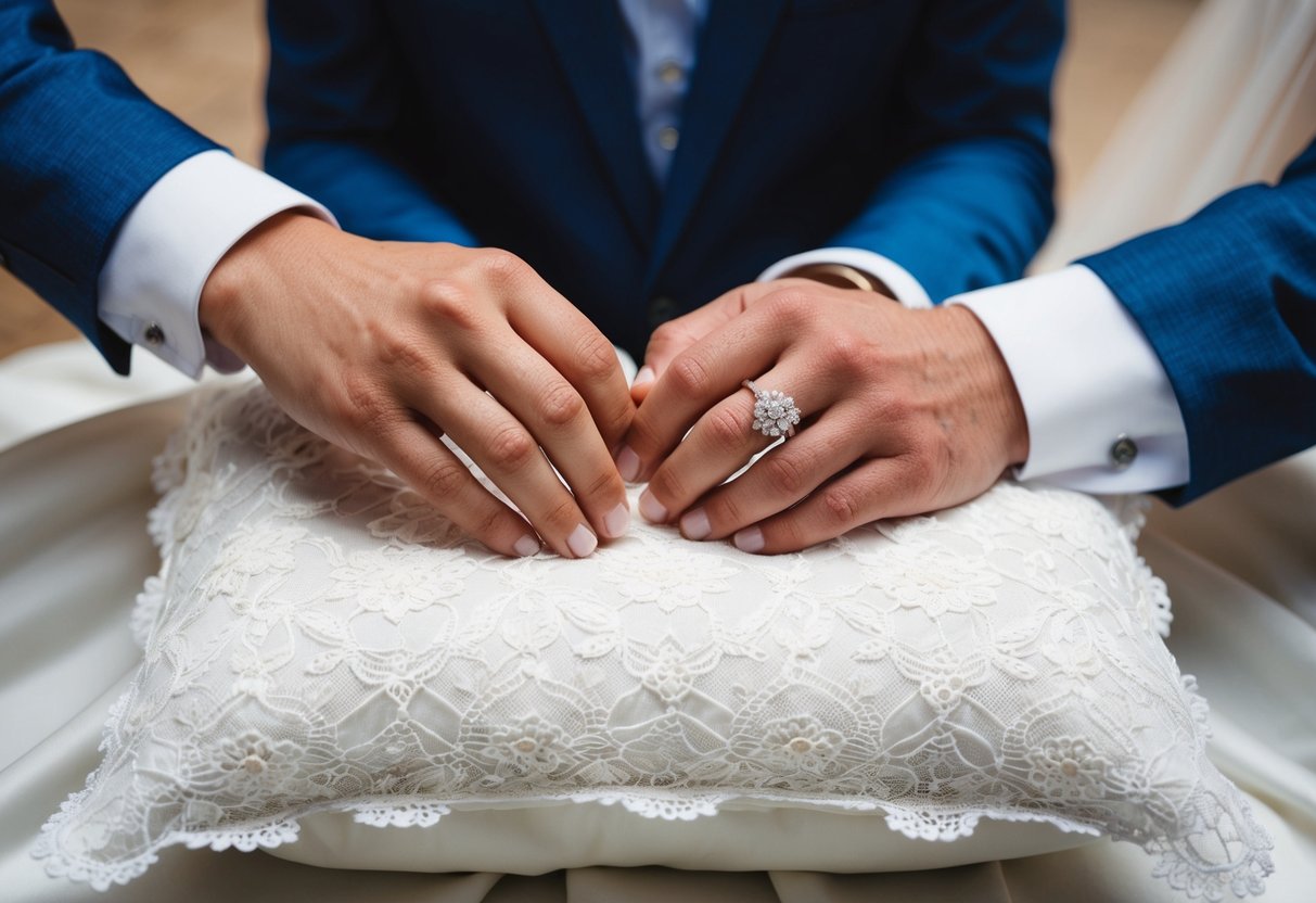 A bride and groom's hands exchanging wedding rings on a white lace pillow