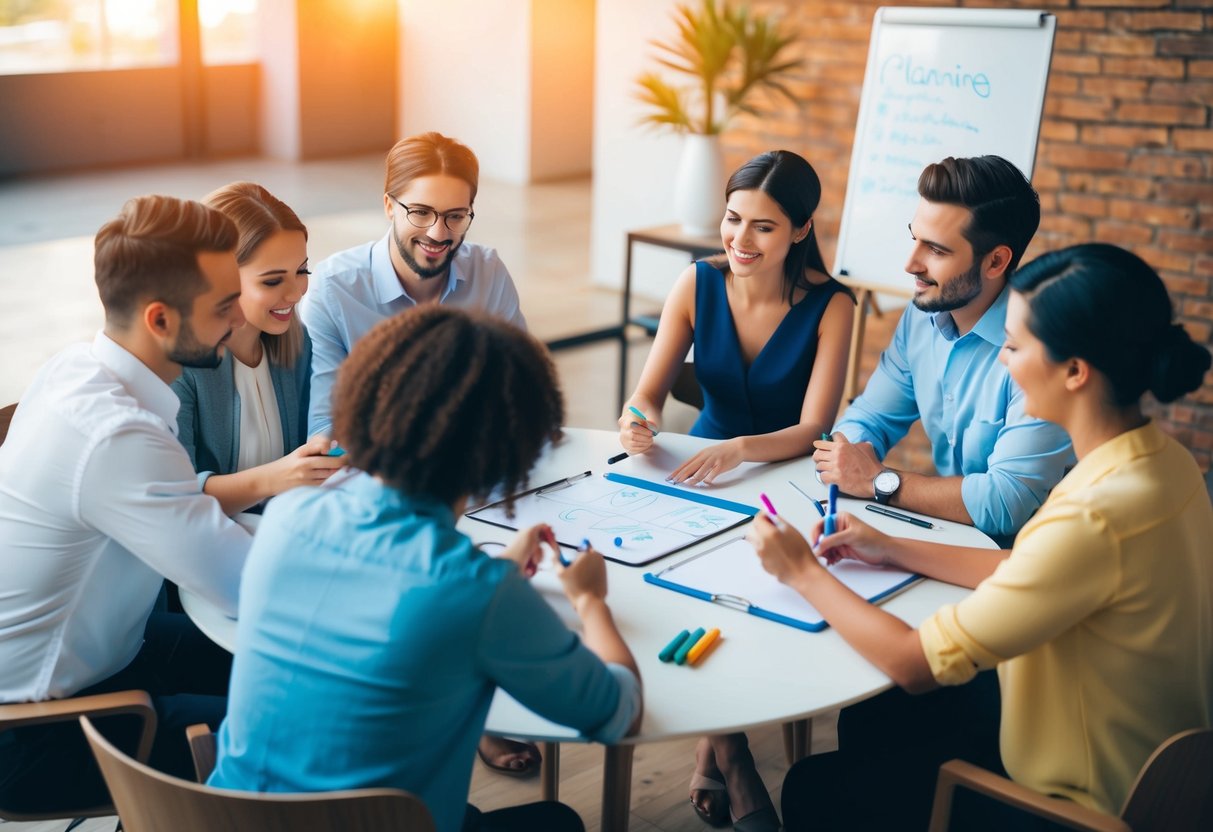 A group of people gathered around a table, discussing and brainstorming ideas for a wedding, with a whiteboard and markers nearby for planning