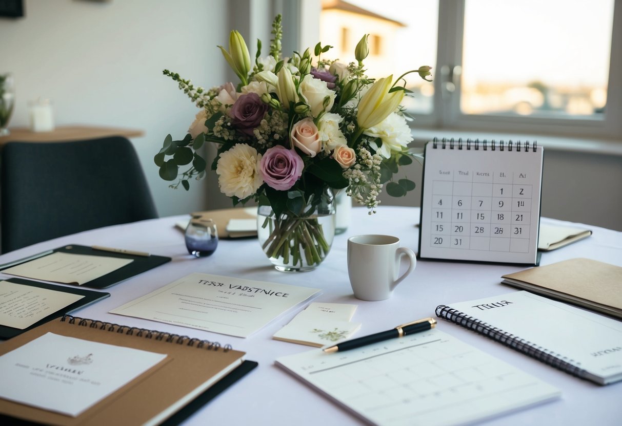A table covered in wedding planning materials, including invitations, flowers, and a calendar, with a pen and notebook ready for note-taking