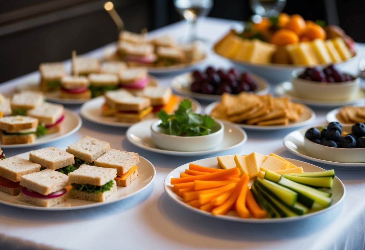 A buffet table with simple finger foods and appetizers, including mini sandwiches, fruit and cheese platters, and vegetable crudites with dip