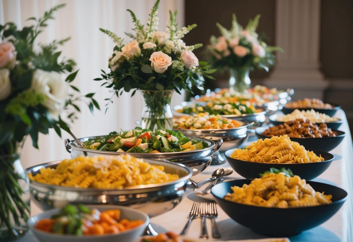 A buffet table filled with budget-friendly options like pasta, salad, and assorted finger foods, surrounded by elegant floral centerpieces and soft lighting