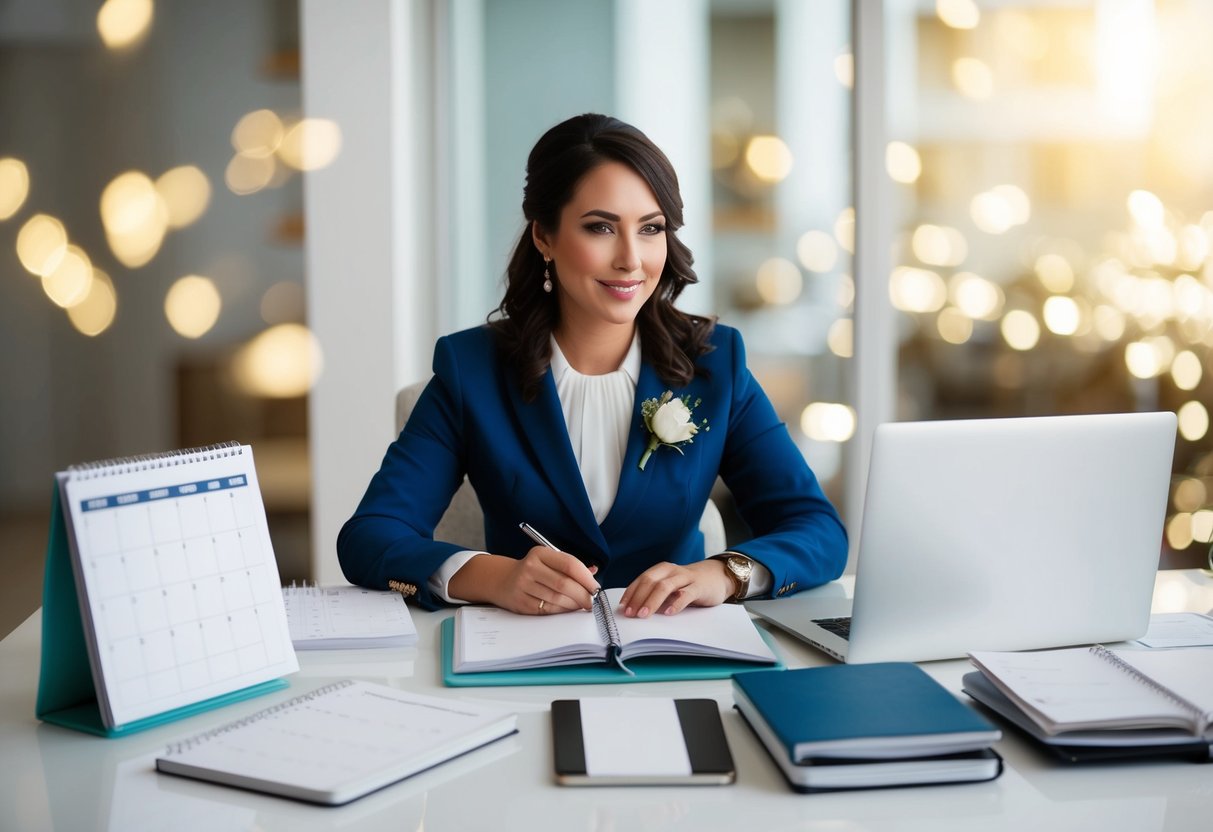 A wedding planner sits at a desk surrounded by calendars, notebooks, and a laptop, carefully organizing and scheduling various aspects of the event