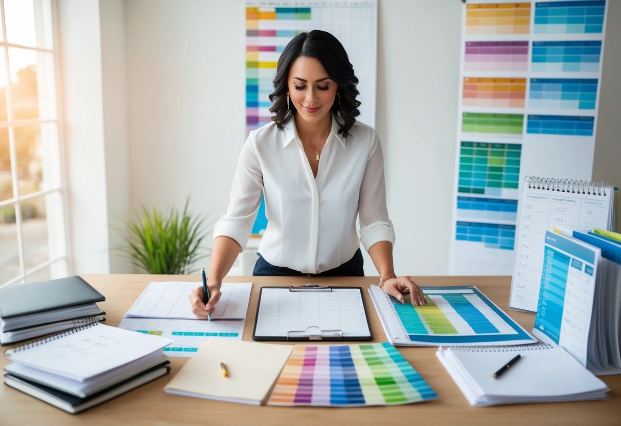A wedding planner at a desk, surrounded by calendars, spreadsheets, and color swatches, meticulously organizing and budgeting for a UK wedding