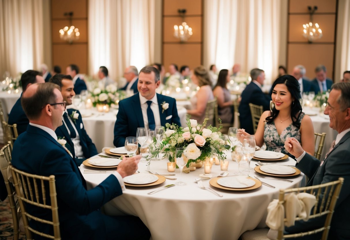 Guests seated at round tables with elegant place settings, enjoying a leisurely meal with floral centerpieces and soft lighting