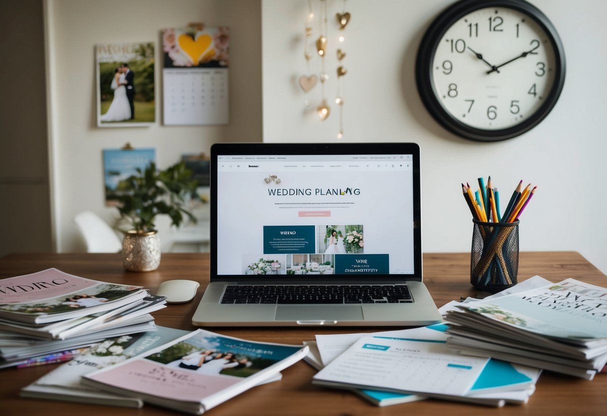 A cluttered desk with scattered wedding magazines, a calendar, and a laptop open to a wedding planning website. A clock on the wall shows the passage of time
