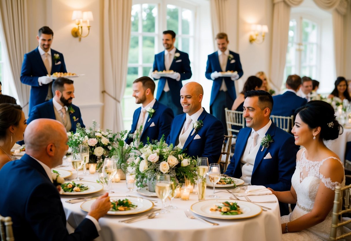 Guests seated at beautifully decorated tables, enjoying a leisurely wedding meal. Servers moving gracefully between tables, ensuring everyone is well-fed and satisfied