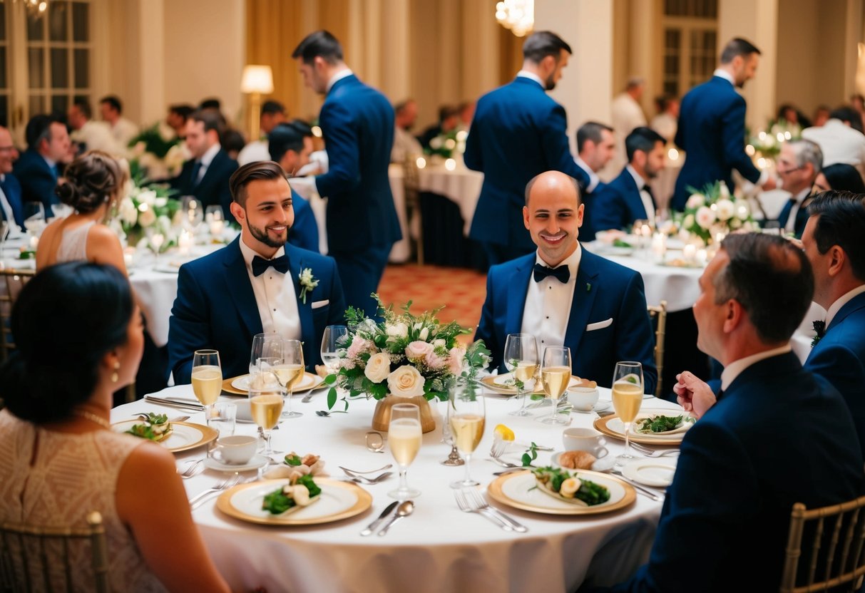 Guests seated at round tables, enjoying a meal with elegant place settings and floral centerpieces. Waitstaff circulate, serving dishes and refilling glasses