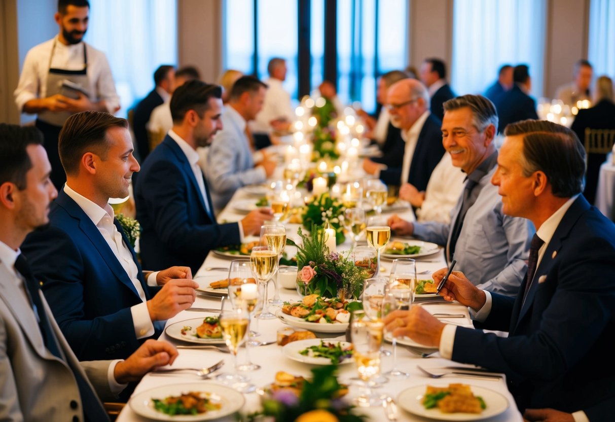 Guests leisurely dining at elegantly set tables with a variety of culinary options, allowing ample time to savor their meals and accommodate dietary needs