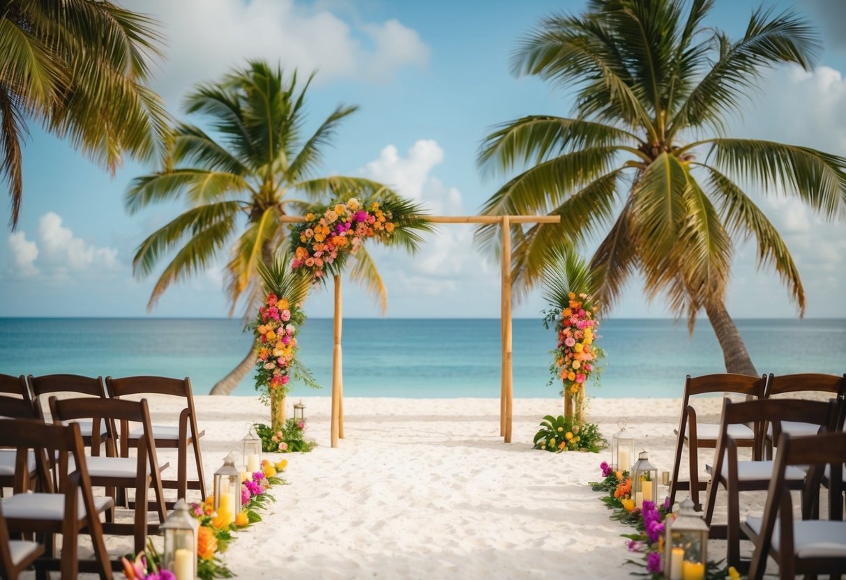 A serene beach wedding in a tropical country with colorful flowers and a simple wooden archway