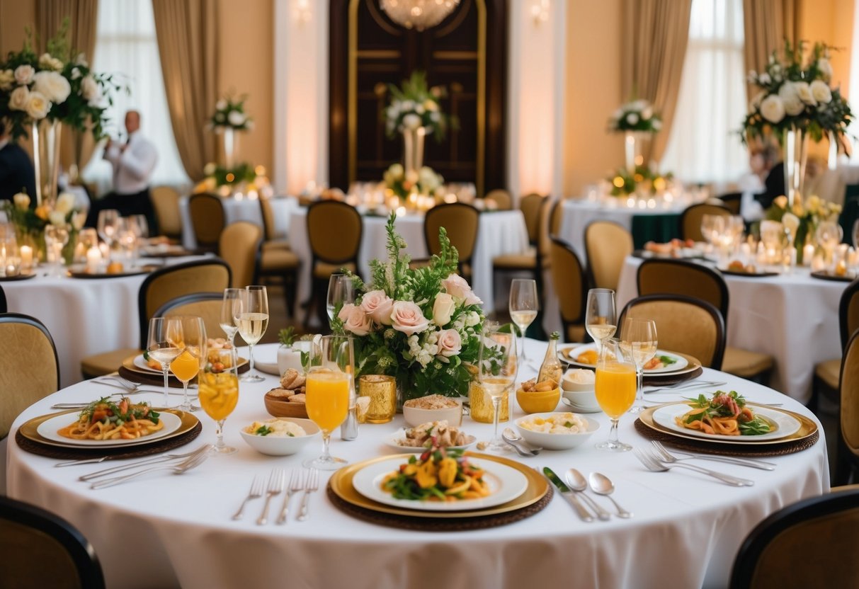 A beautifully set banquet table with a variety of delicious dishes and drinks, surrounded by elegant decor and flowers, creating a luxurious and celebratory atmosphere