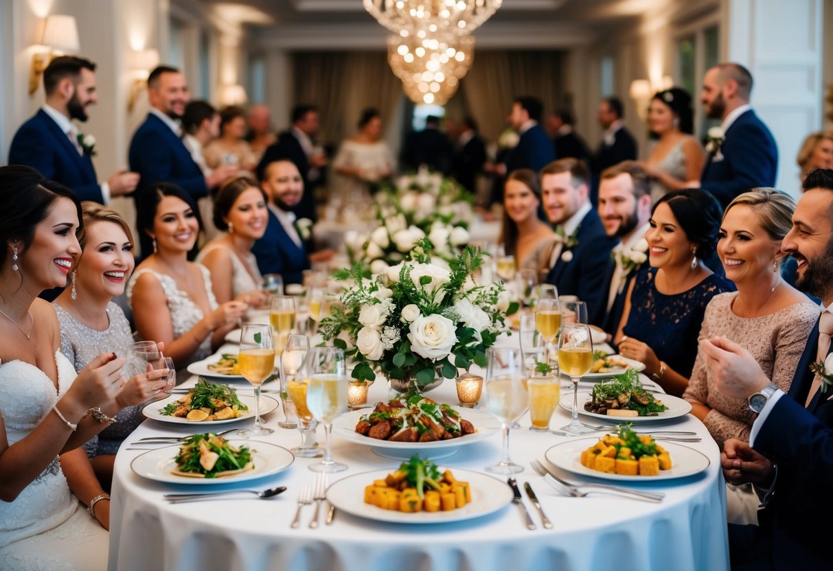 A beautifully set dining table with elegant place settings and a variety of delicious dishes, surrounded by happy wedding guests enjoying the exquisite catering