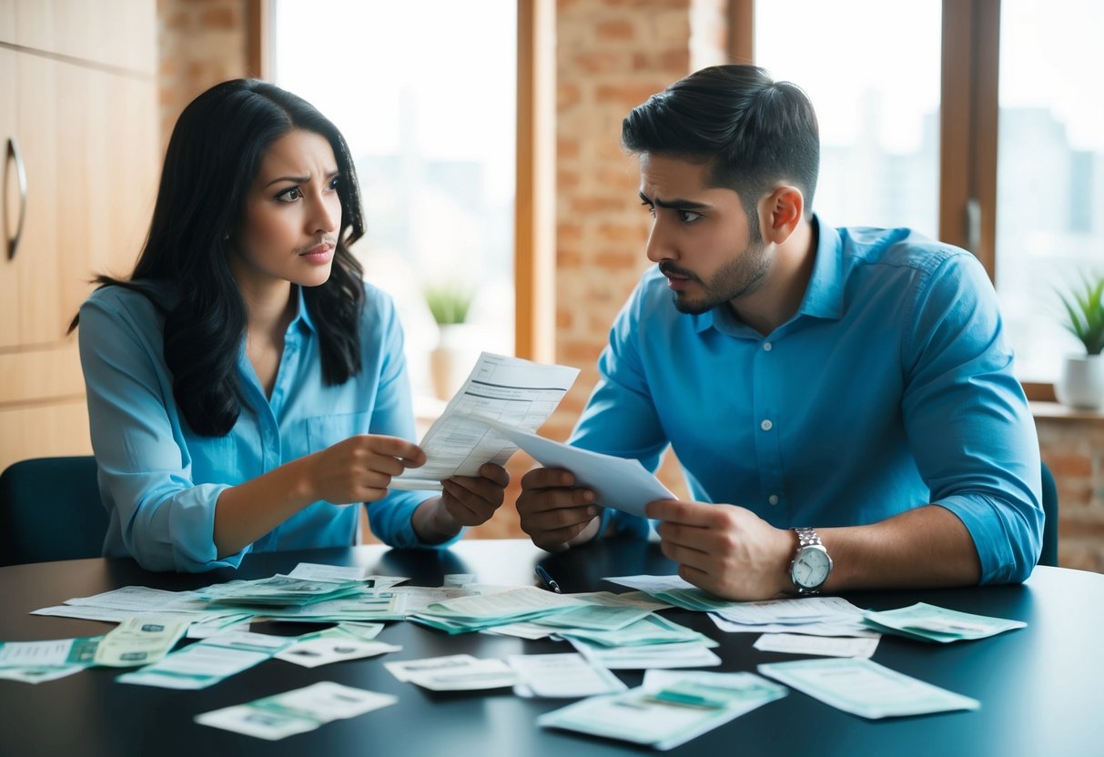 A couple sitting at a table with scattered bills and a tense atmosphere. One partner hiding financial documents while the other looks on with suspicion