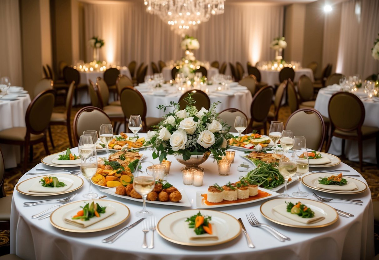 A beautifully set wedding banquet with a variety of delicious dishes and elegant table settings, showcasing the advantages of professional wedding catering