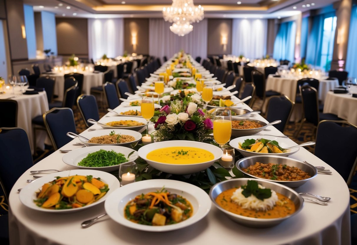 A wedding banquet with a variety of delicious dishes and beverages arranged on elegant, cost-effective catering tables