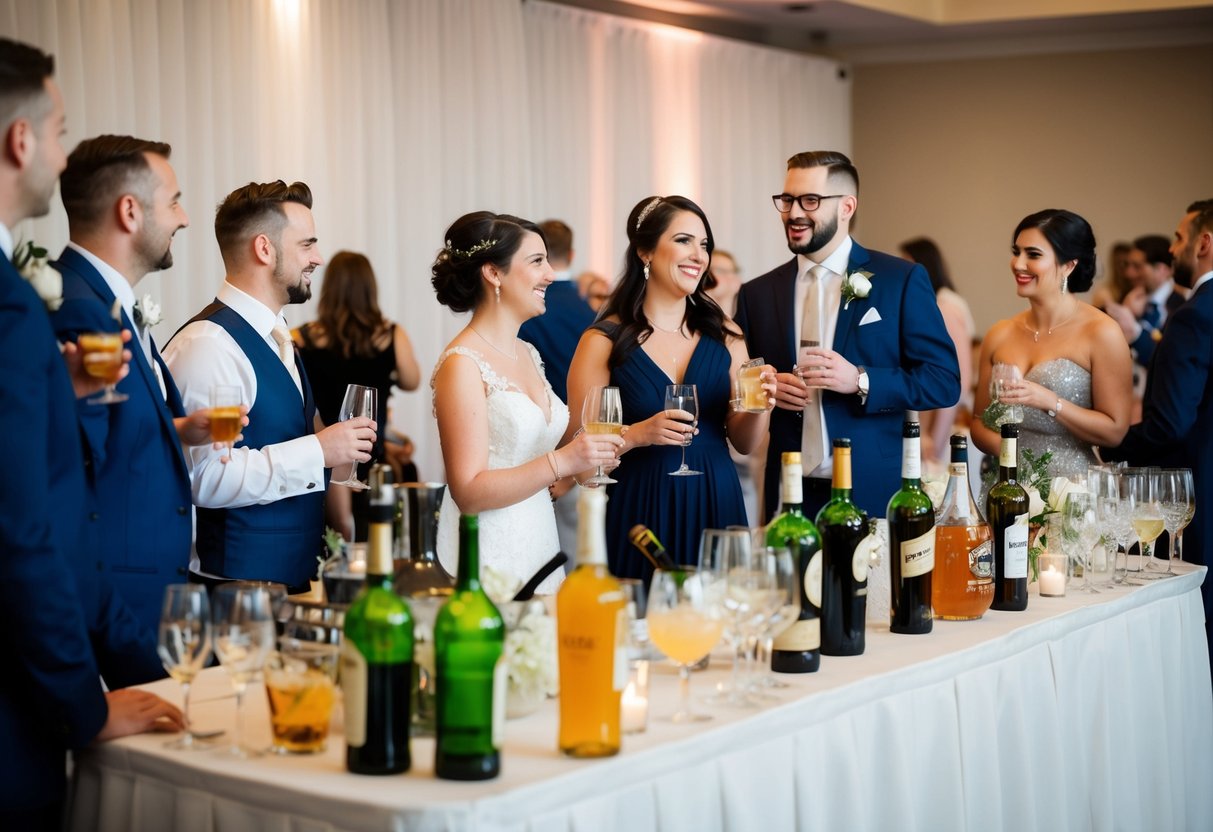 A wedding reception with a fully stocked bar, guests mingling and enjoying drinks, while others debate the pros and cons of offering free alcohol