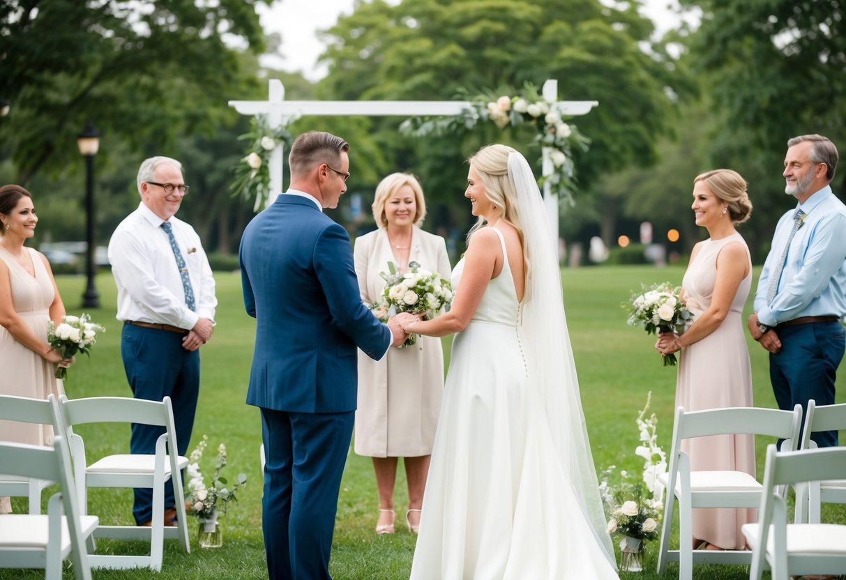 A simple outdoor ceremony in a public park with minimal decorations and a small group of close family and friends