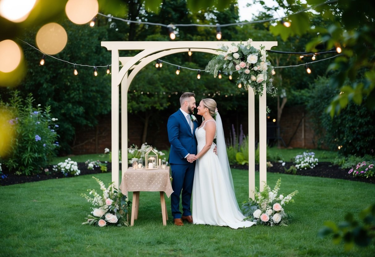 A couple standing under a simple archway in a garden, surrounded by flowers and twinkling lights. A small table is set with homemade decorations for a DIY wedding