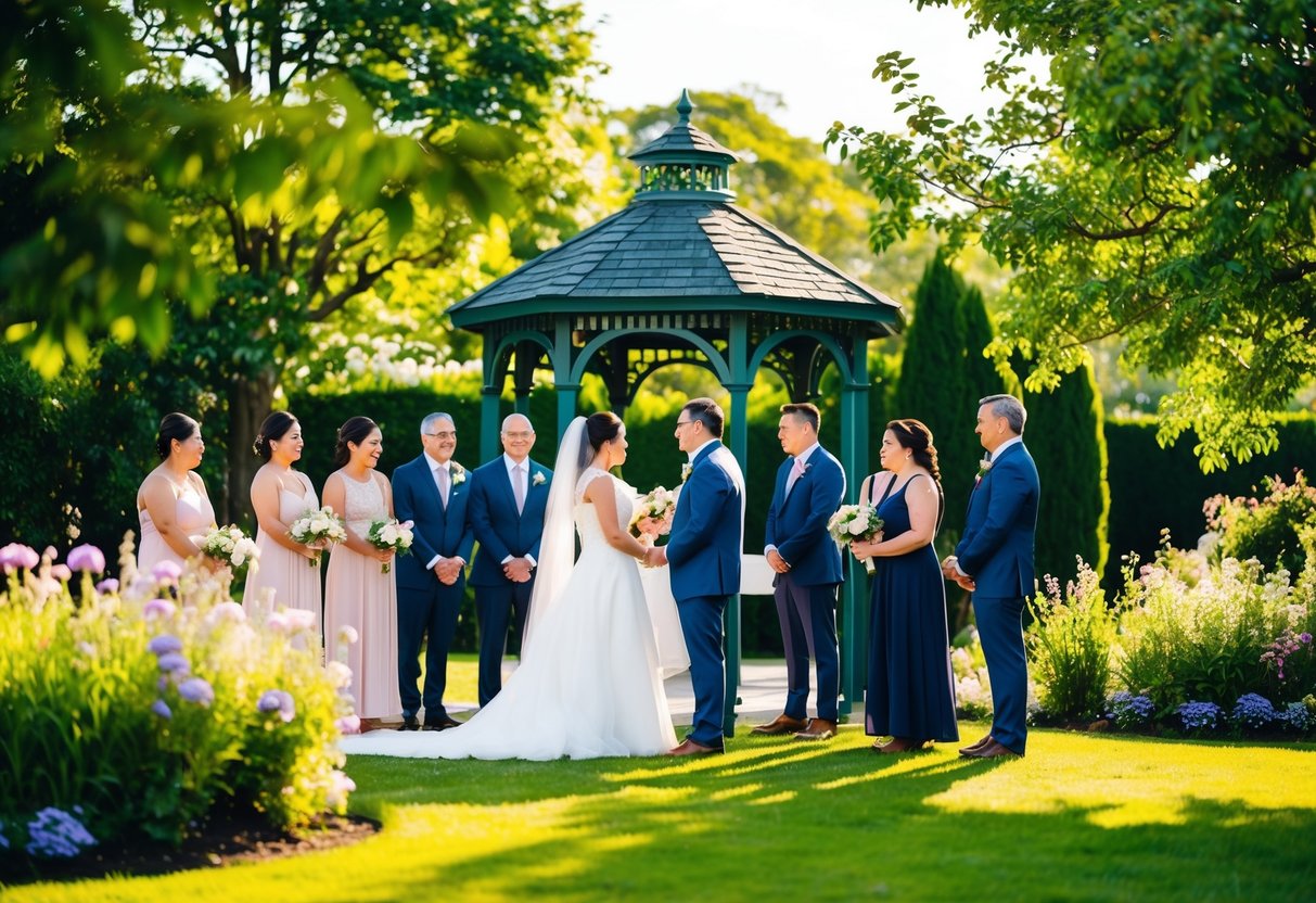 A small wedding in a lush garden with a quaint gazebo and blooming flowers. A few close friends and family members gather under the warm sun