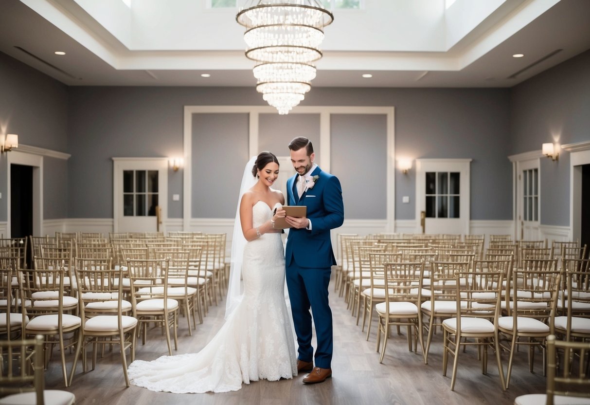 A bride and groom stand at the center of a wedding venue, surrounded by 100 empty chairs. The bride holds a clipboard, counting the number of bridesmaids needed