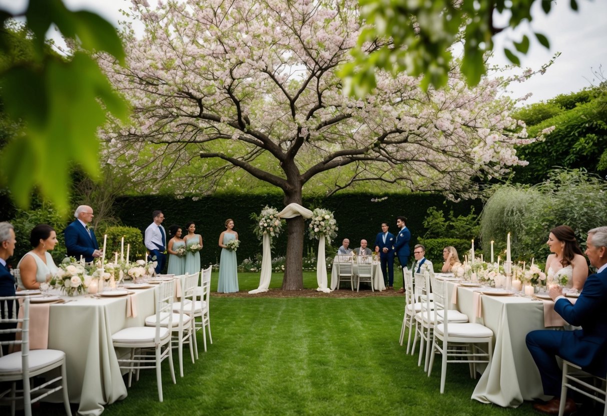 A serene garden with a small, intimate wedding setup under a blossoming tree. Tables adorned with delicate flowers and candles, surrounded by close family and friends