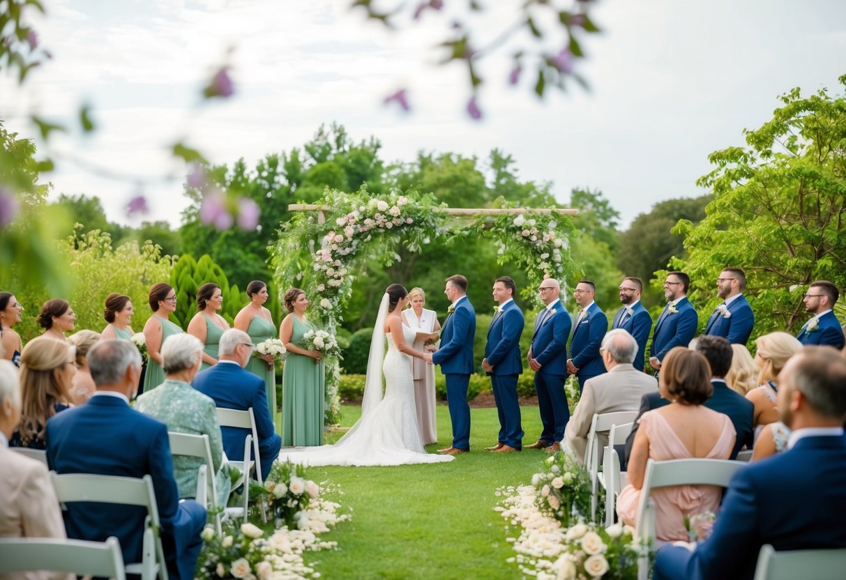A serene outdoor wedding ceremony with a small gathering of loved ones, surrounded by lush greenery and blooming flowers
