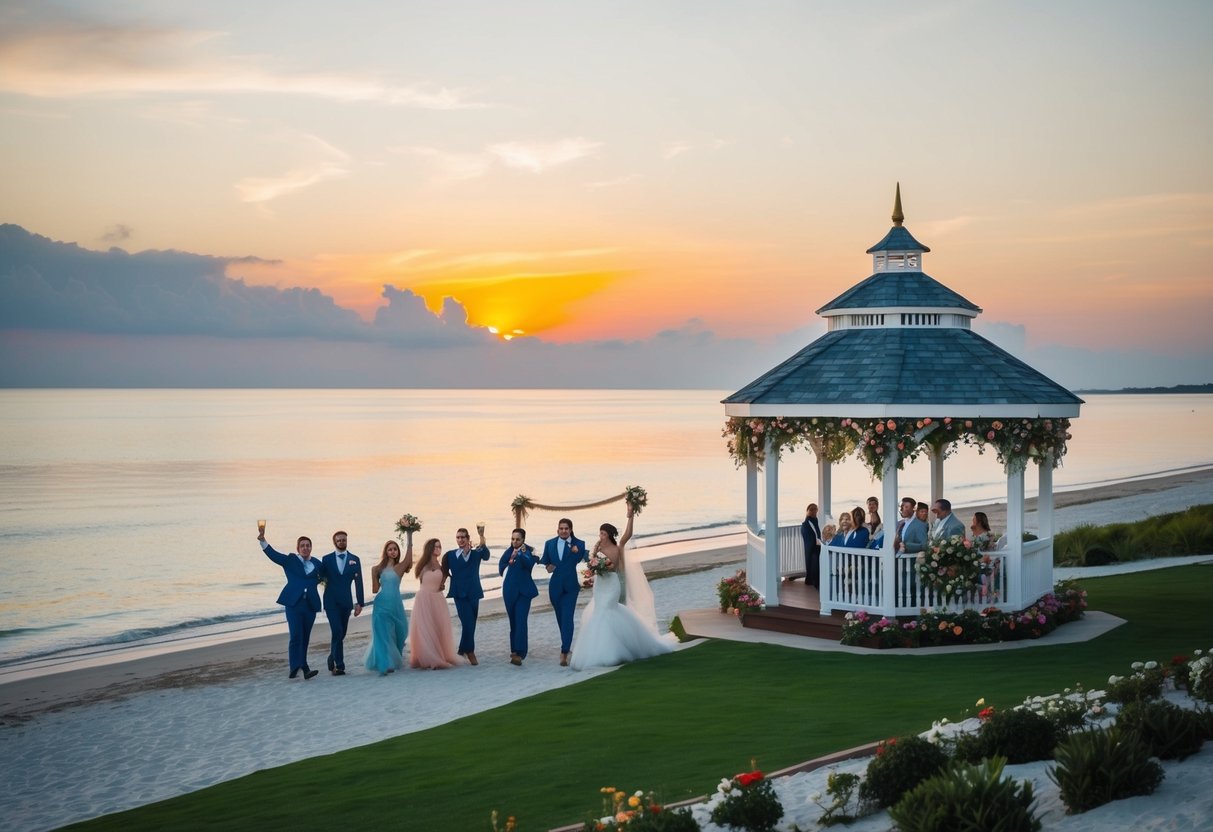 A serene beach with a picturesque sunset, a beautiful gazebo adorned with flowers, and a small group of people celebrating a destination wedding