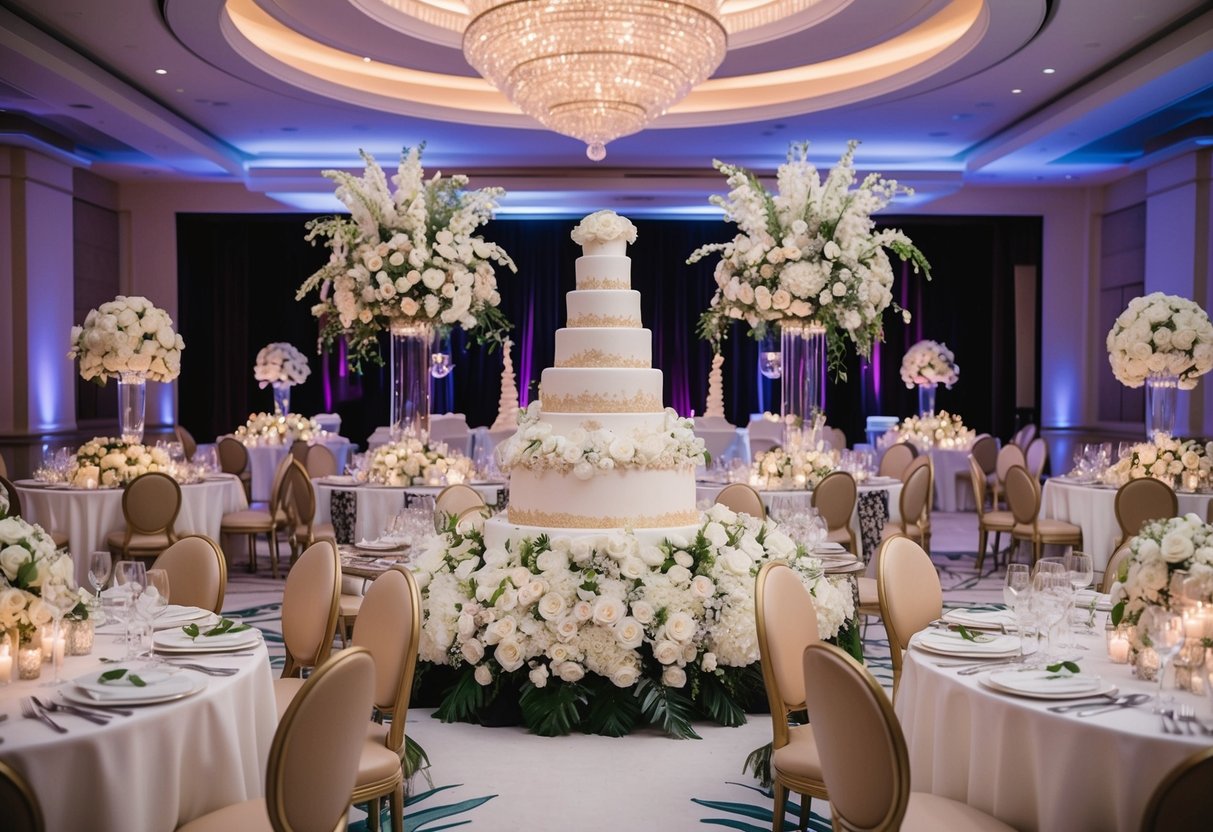 A lavish wedding reception with elegant decor, a grand floral centerpiece, and a luxurious wedding cake surrounded by expensive catering and entertainment services