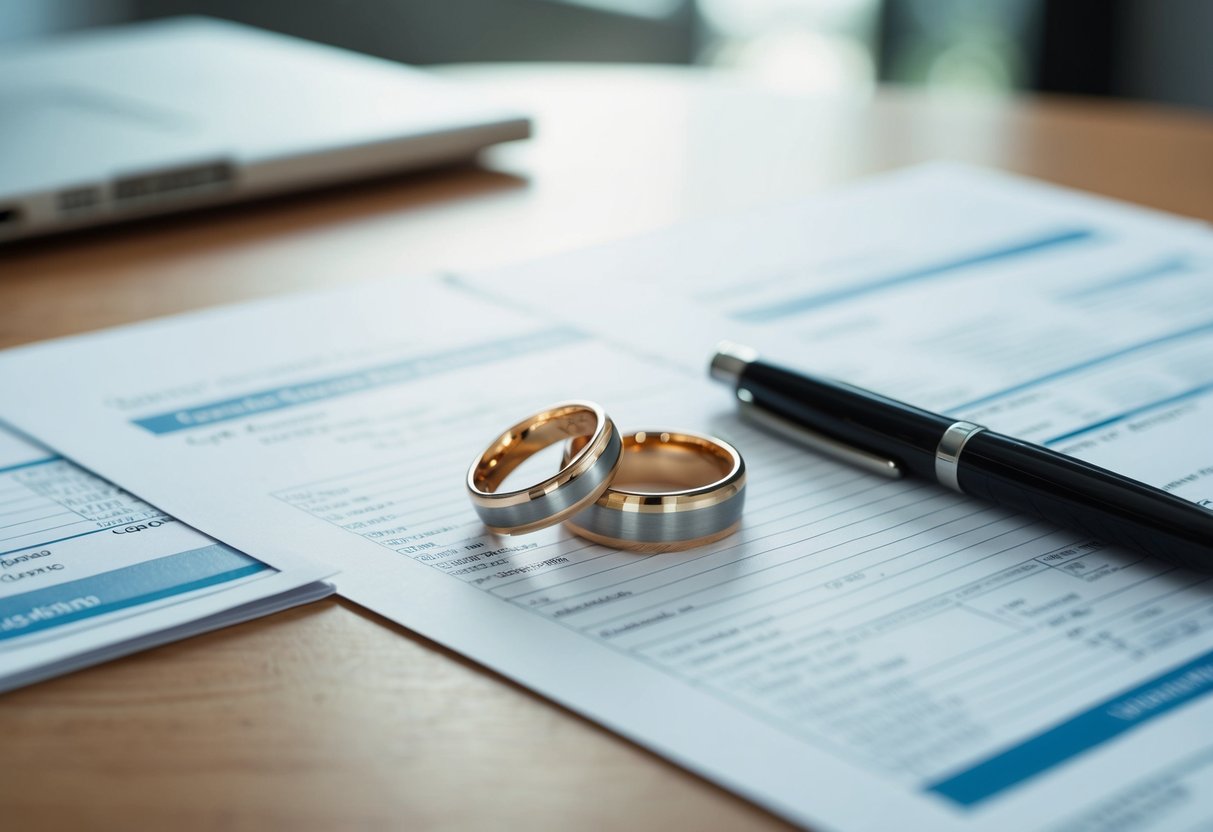 A couple's wedding rings on a table, surrounded by legal documents and financial records