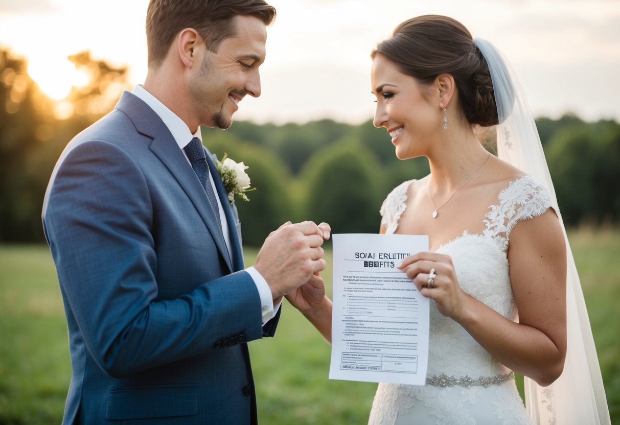 A couple exchanging wedding rings, with a government document showing "Social Security Benefits" being torn in half