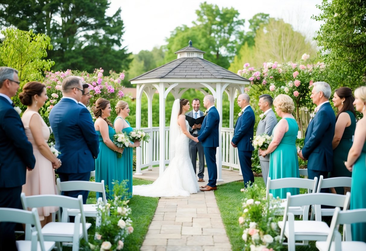 A simple outdoor wedding ceremony in a garden with a gazebo, surrounded by blooming flowers and greenery, with a small group of close family and friends