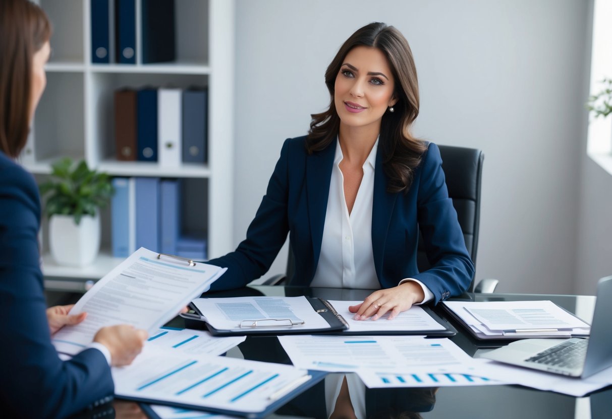 A woman sitting at a desk surrounded by legal documents and financial statements, speaking with a lawyer about her entitlements after a 30-year marriage in the UK