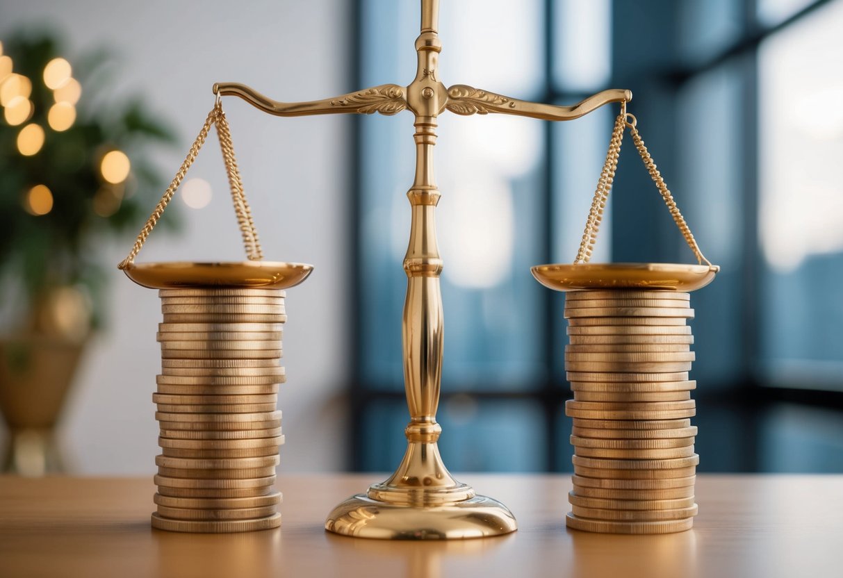 A scale balancing a stack of rights on one side and a stack of obligations on the other, with the rights outweighing the obligations after 30 years of marriage in the UK