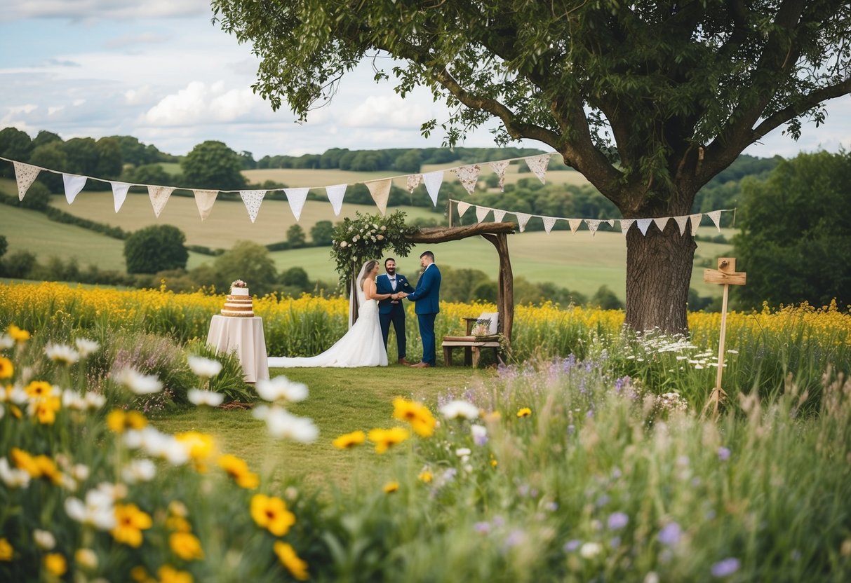 A simple, rustic wedding set in a picturesque countryside with wildflowers, bunting, and homemade decorations. A small, intimate ceremony under a tree with a homemade cake and DIY photo booth