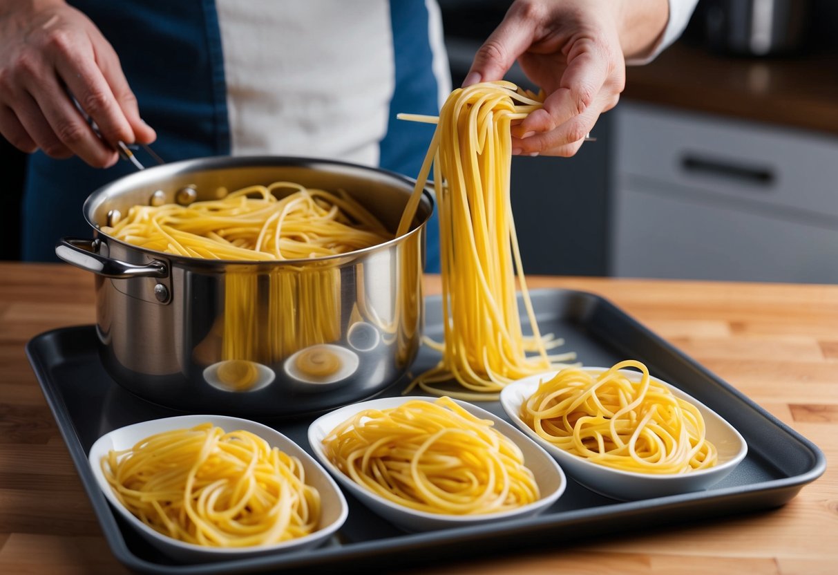 A large pot of pasta being measured and portioned out into individual servings on a serving tray