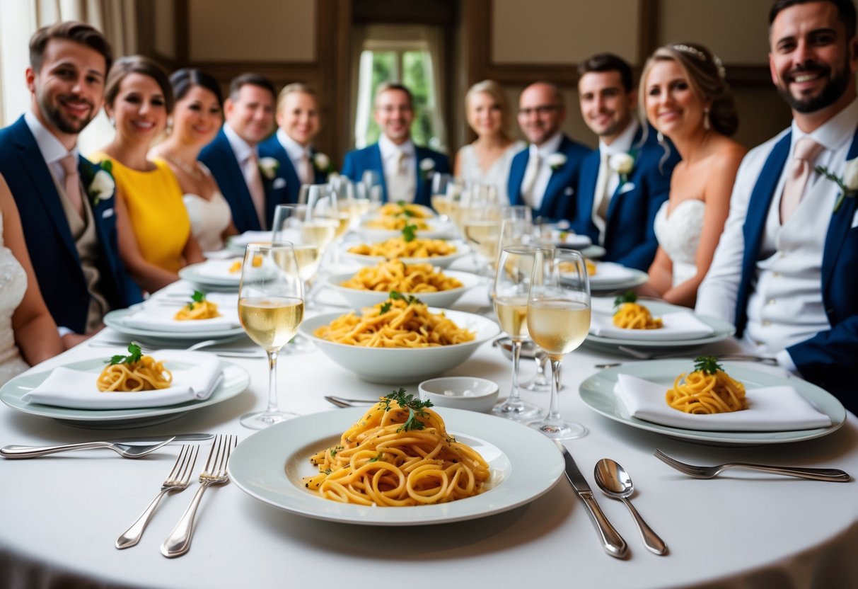 A table set with elegant place settings, each with a perfectly portioned serving of pasta, surrounded by happy wedding guests