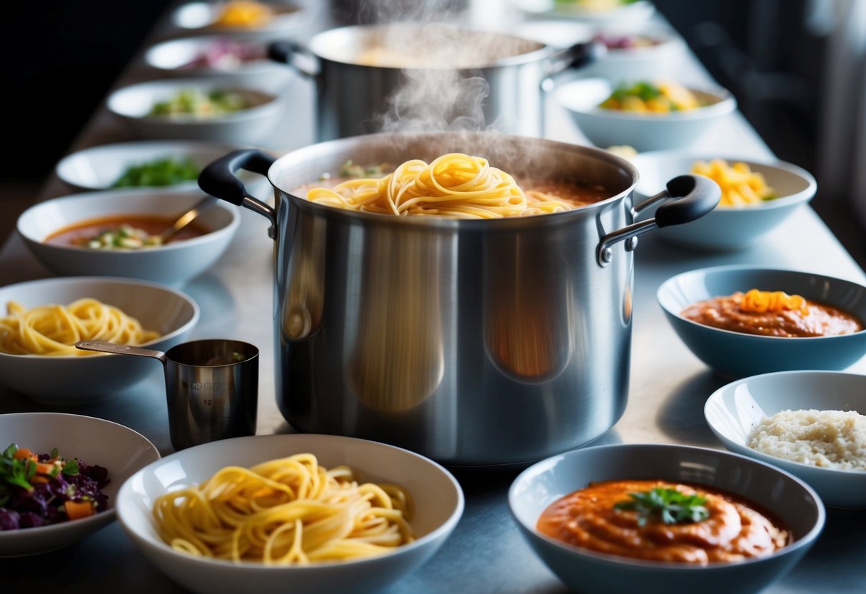 A large pot of boiling pasta with a measuring cup next to it, surrounded by various bowls of sauce and toppings on a long table