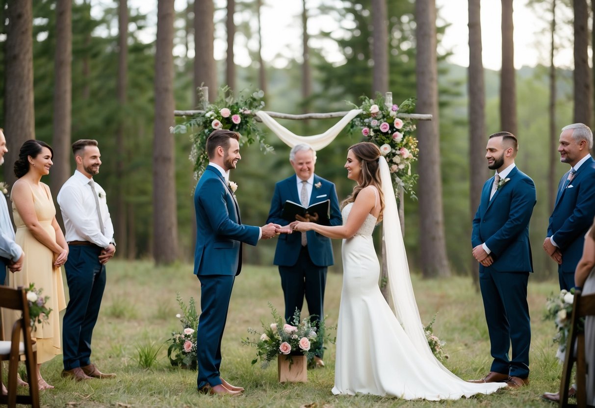 A couple exchanging vows in a secluded forest clearing, with a simple altar made of wildflowers and a small gathering of close friends and family