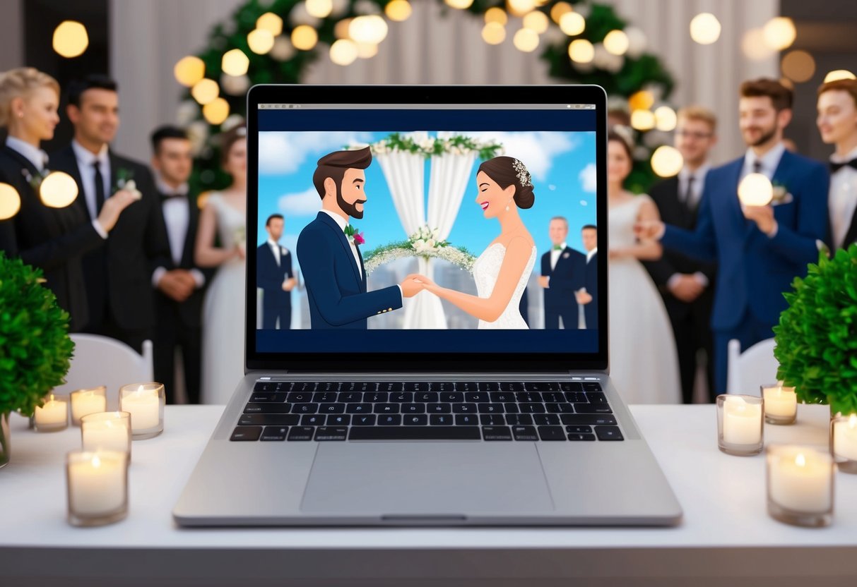 A laptop displaying a virtual wedding ceremony with two avatars exchanging vows, surrounded by virtual guests in an online setting